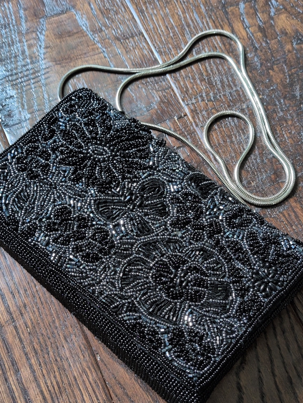 CAROLYNE BARTON I Black Fully Beaded Floral Evening Clutch Purse w/ Silver Strap